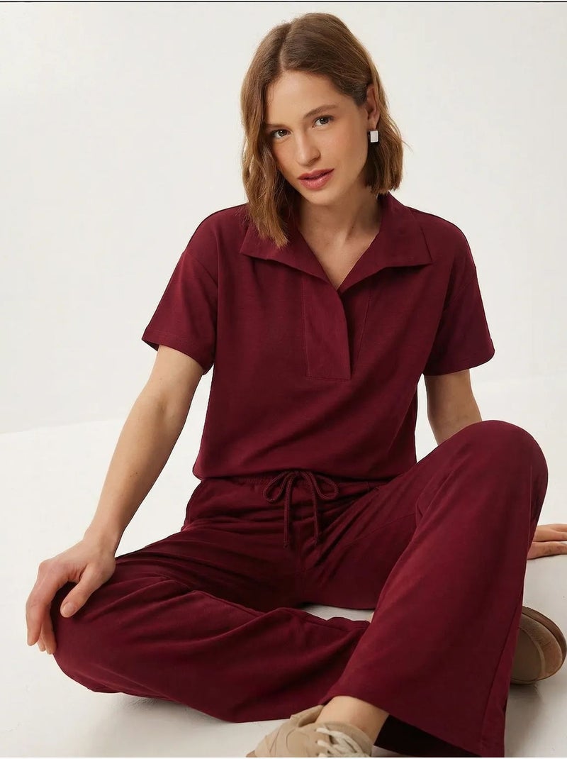 Ensemble deux pièces polo à col montant et jambes larges istanbul Rouge bordeaux - Kiabi