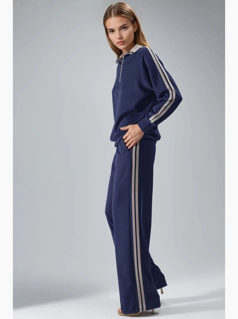 Ensemble deux pièces rayé à jambes larges et col zippé hiccup Bleu marine - Kiabi