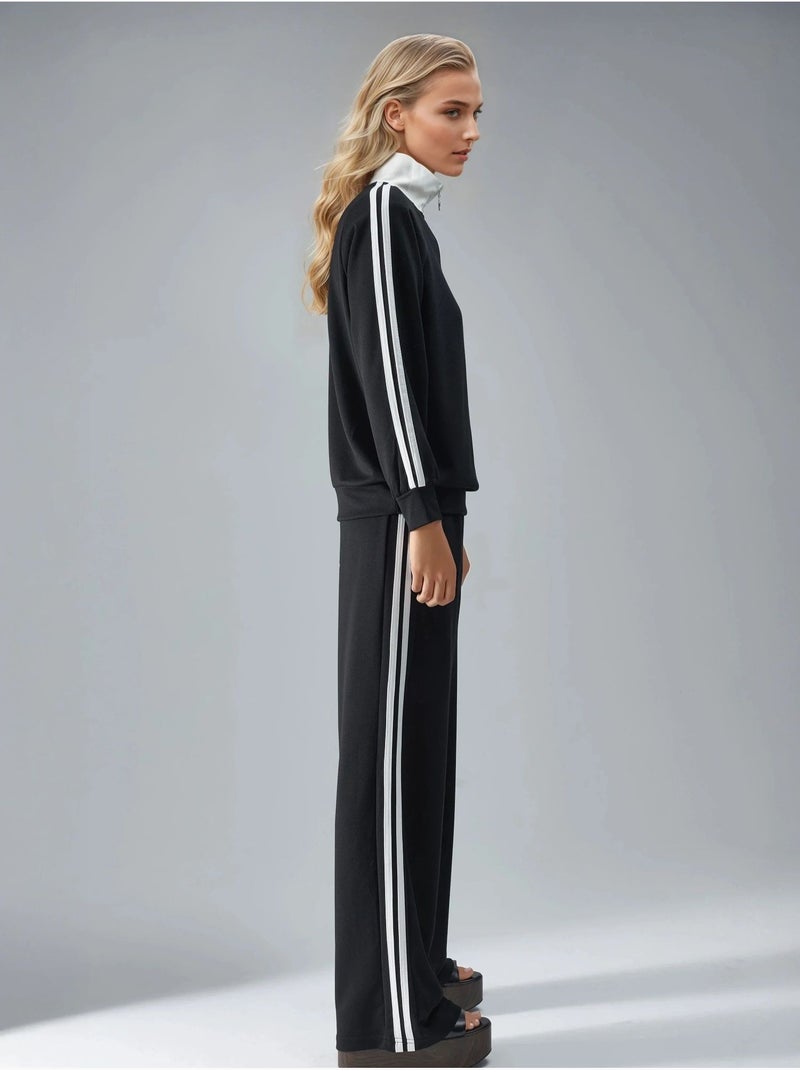 Ensemble deux pièces rayé à jambes larges et col zippé hiccup Noir - Kiabi