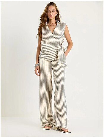 Ensemble deux pièces rayé, col en v, taille haute, boutonné, jambe large lucci