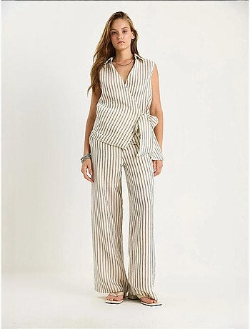 Ensemble deux pièces rayé, col en v, taille haute, boutonné, jambe large lucci