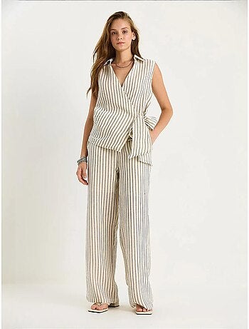 Ensemble deux pièces rayé, col en v, taille haute, boutonné, jambe large lucci