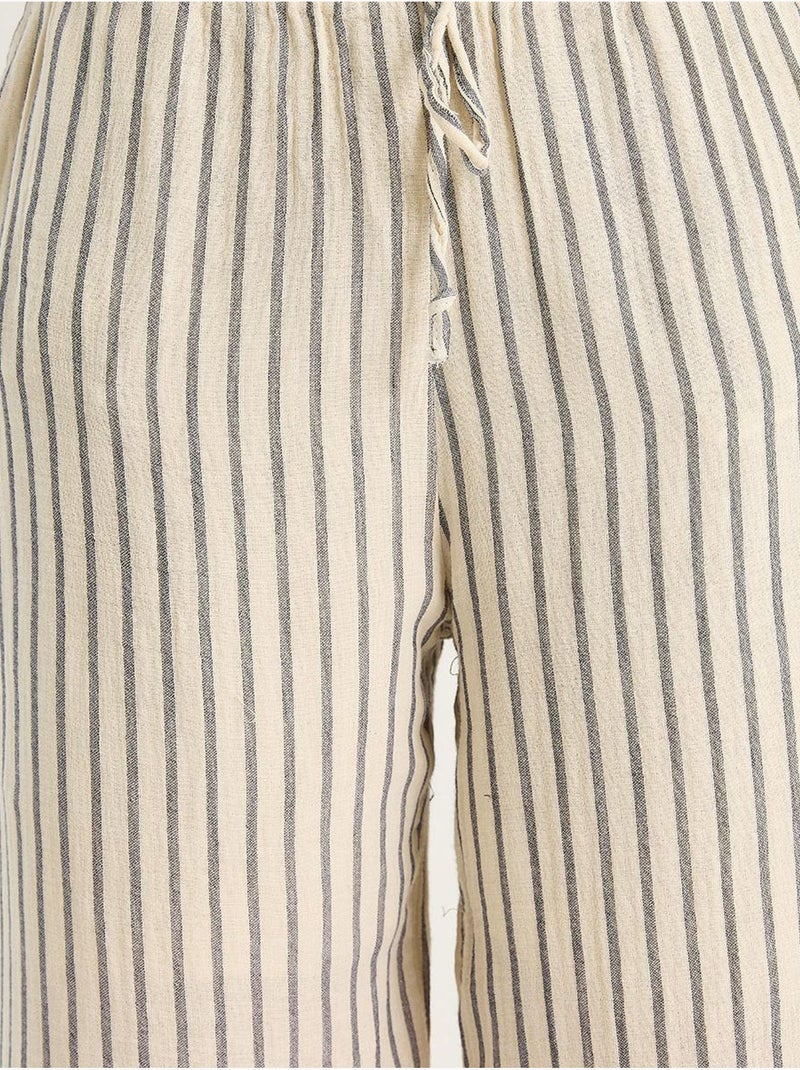 Ensemble deux pièces rayé, col en v, taille haute, boutonné, jambe large lucci Bleu marine - Kiabi