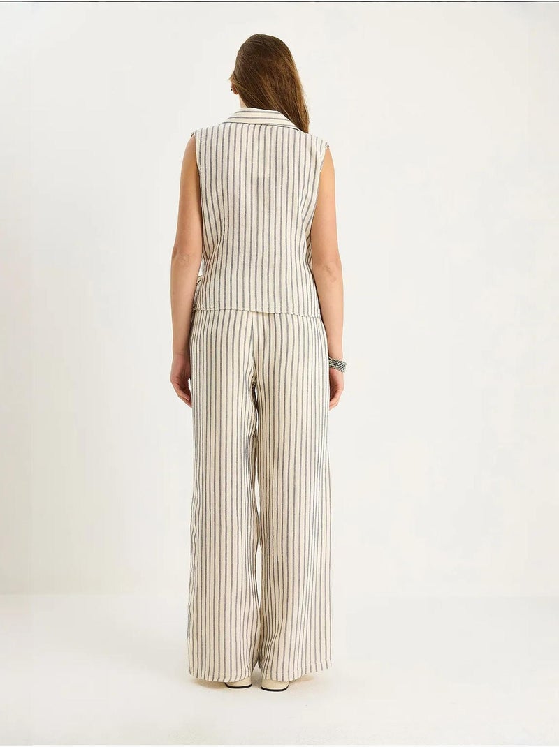 Ensemble deux pièces rayé, col en v, taille haute, boutonné, jambe large lucci Bleu marine - Kiabi