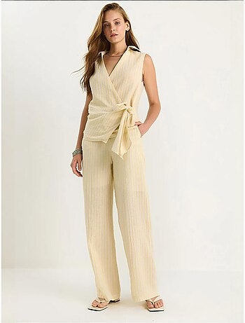 Ensemble deux pièces rayé, col en v, taille haute, boutonné, jambe large lucci