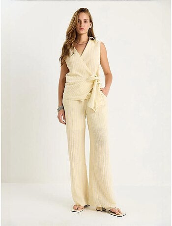 Ensemble deux pièces rayé, col en v, taille haute, boutonné, jambe large lucci