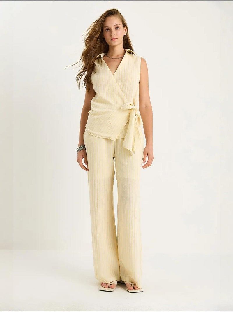 Ensemble deux pièces rayé, col en v, taille haute, boutonné, jambe large lucci Jaune citron - Kiabi