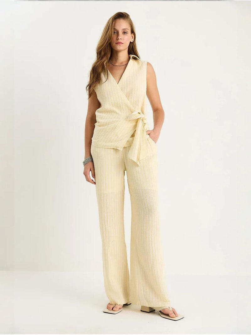 Ensemble deux pièces rayé, col en v, taille haute, boutonné, jambe large lucci Jaune citron - Kiabi