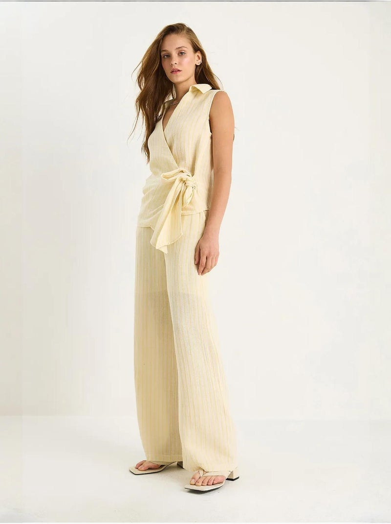 Ensemble deux pièces rayé, col en v, taille haute, boutonné, jambe large lucci Jaune citron - Kiabi