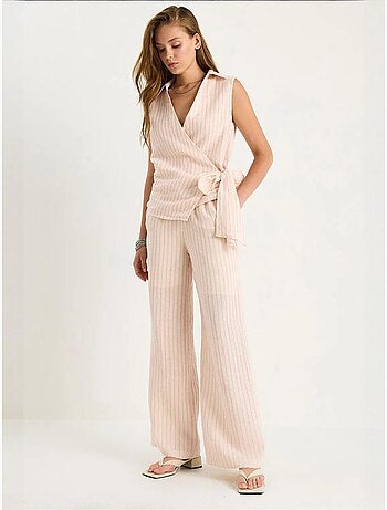 Ensemble deux pièces rayé, col en v, taille haute, boutonné, jambe large lucci