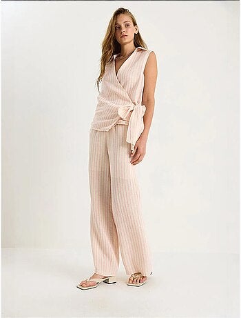 Ensemble deux pièces rayé, col en v, taille haute, boutonné, jambe large lucci