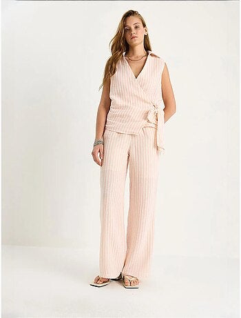 Ensemble deux pièces rayé, col en v, taille haute, boutonné, jambe large lucci