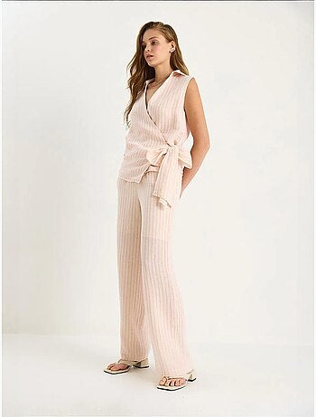 Ensemble deux pièces rayé, col en v, taille haute, boutonné, jambe large lucci