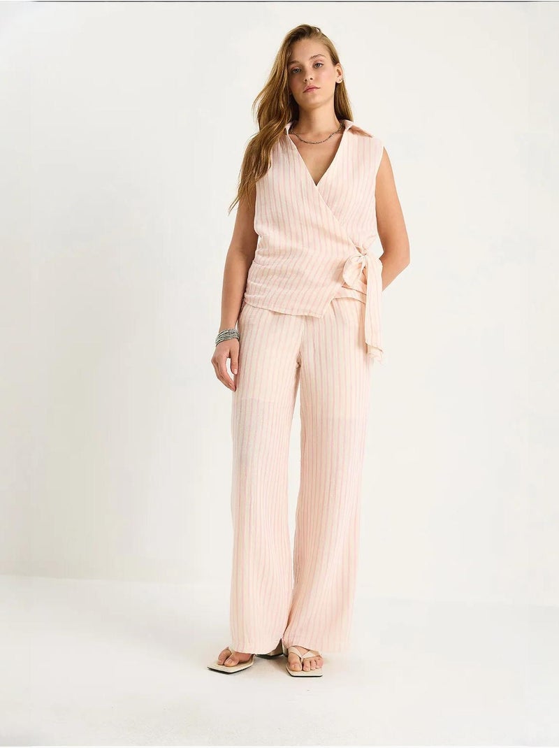 Ensemble deux pièces rayé, col en v, taille haute, boutonné, jambe large lucci Rose clair - Kiabi