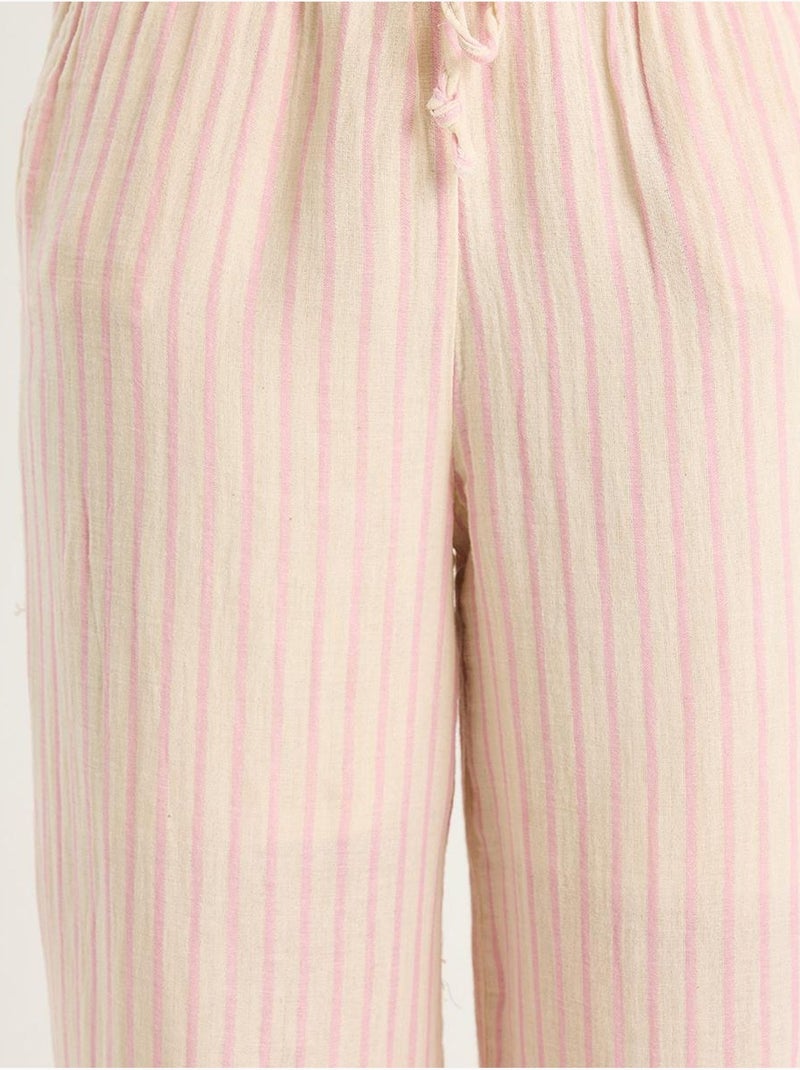 Ensemble deux pièces rayé, col en v, taille haute, boutonné, jambe large lucci Rose clair - Kiabi