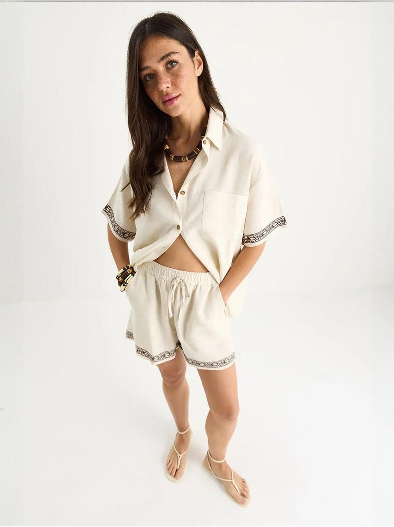Ensemble deux pièces short et chemise en lin brodés à poches bianco lucci Beige argile - Kiabi