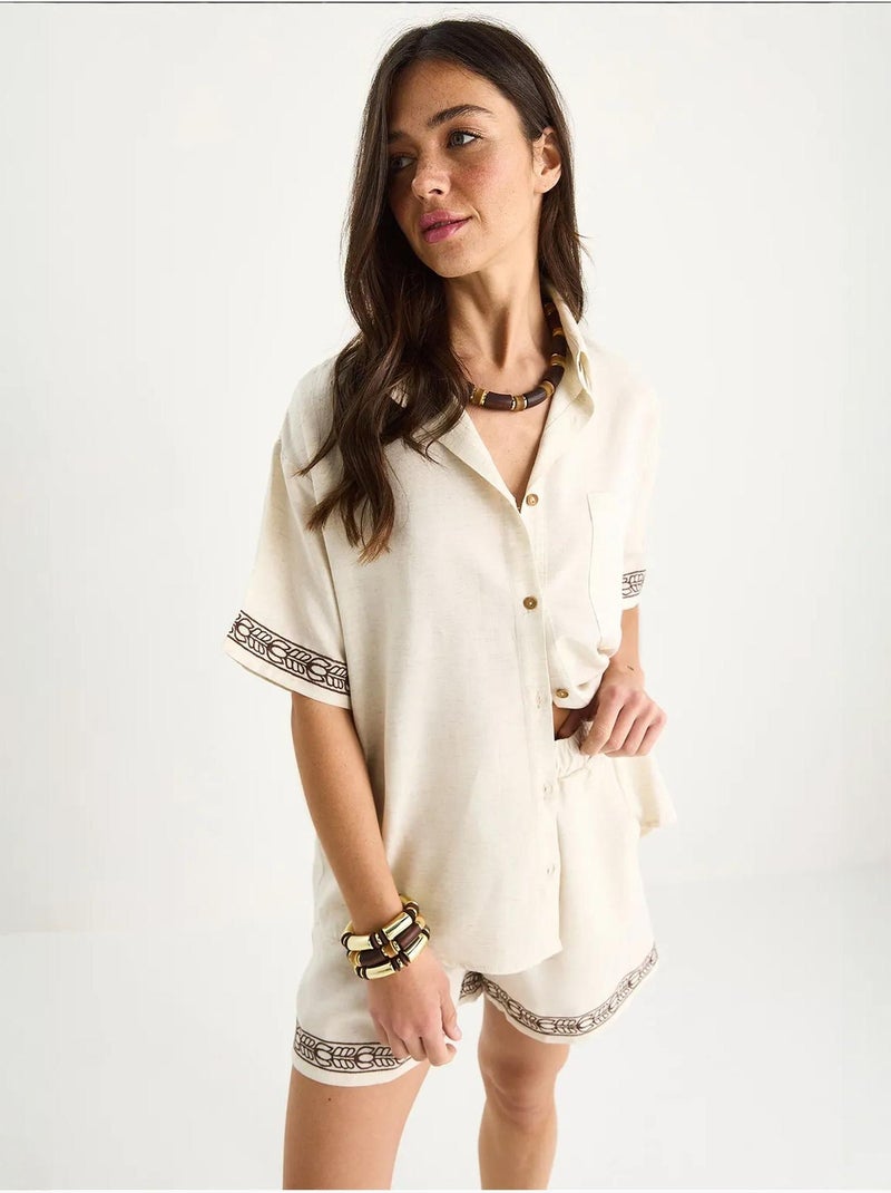 Ensemble deux pièces short et chemise en lin brodés à poches bianco lucci Beige argile - Kiabi