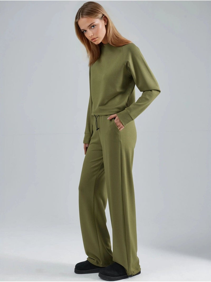 Ensemble deux pièces taille haute à col roulé et jambes larges hiccup Kaki - Kiabi