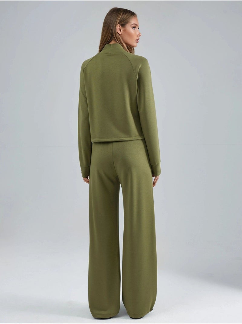 Ensemble deux pièces taille haute à col roulé et jambes larges hiccup Kaki - Kiabi