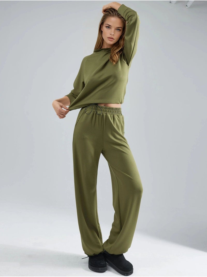 Ensemble deux pièces taille haute à col roulé et jambes larges hiccup Kaki - Kiabi