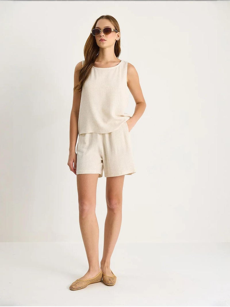 Ensemble deux pièces taille haute en lin mélangé à jambes larges lucci Beige argile - Kiabi