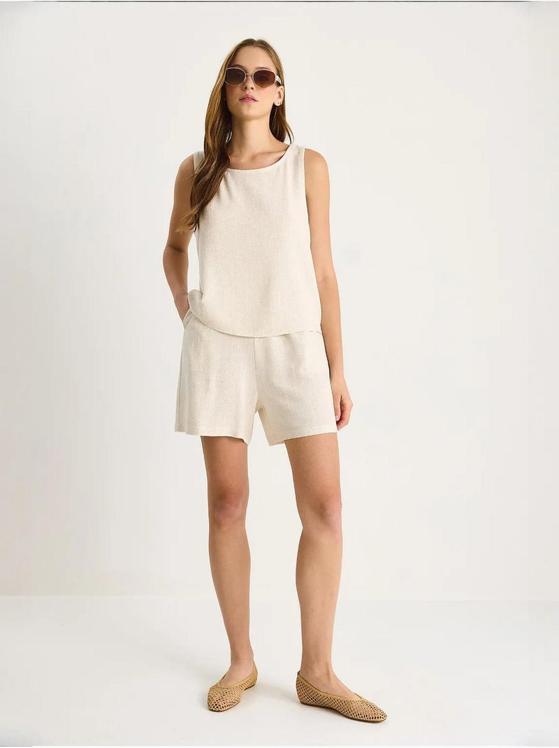 Ensemble deux pièces taille haute en lin mélangé à jambes larges lucci Beige argile - Kiabi