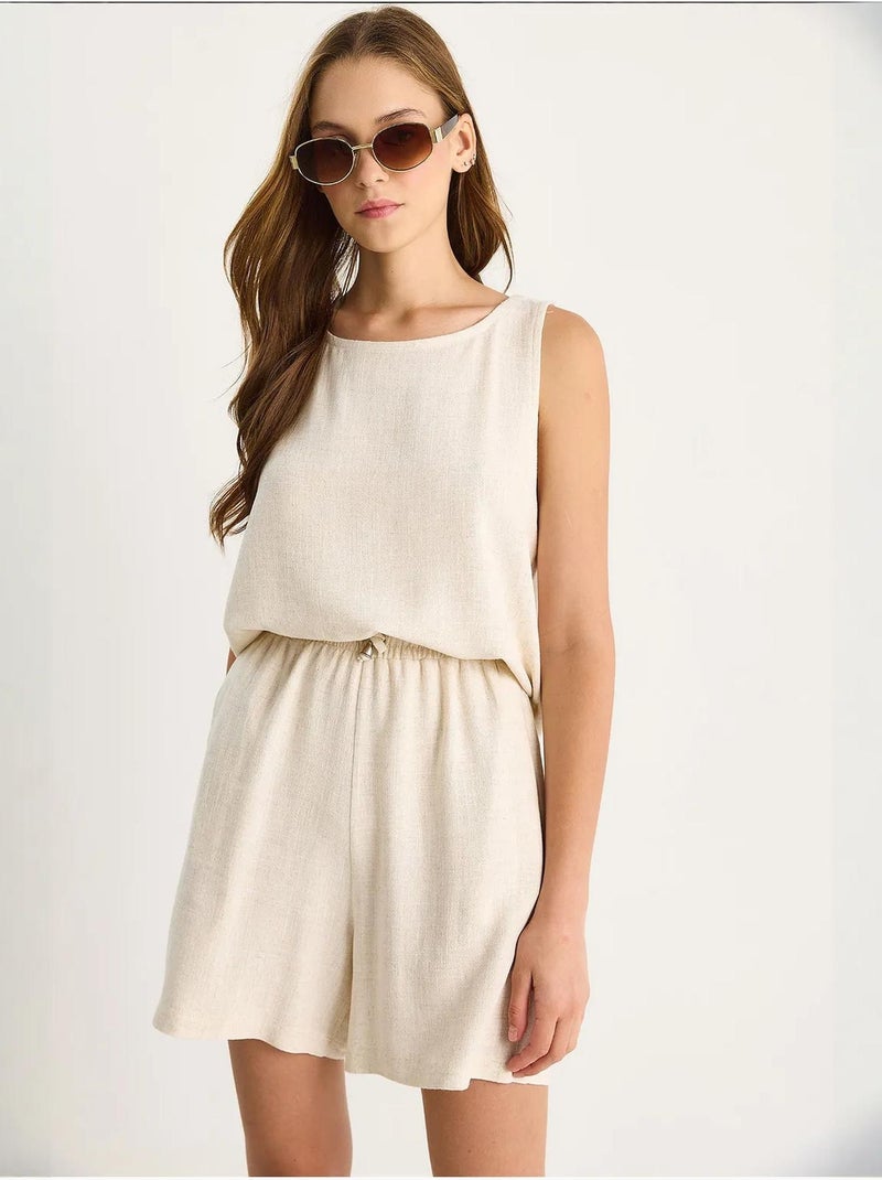 Ensemble deux pièces taille haute en lin mélangé à jambes larges lucci Beige argile - Kiabi