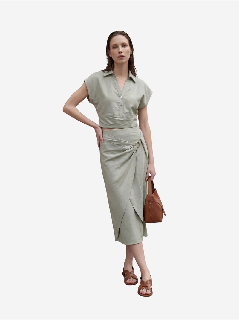 Ensemble deux pièces taille haute en lin mélangé avec col chemise my fashion Vert pastel - Kiabi