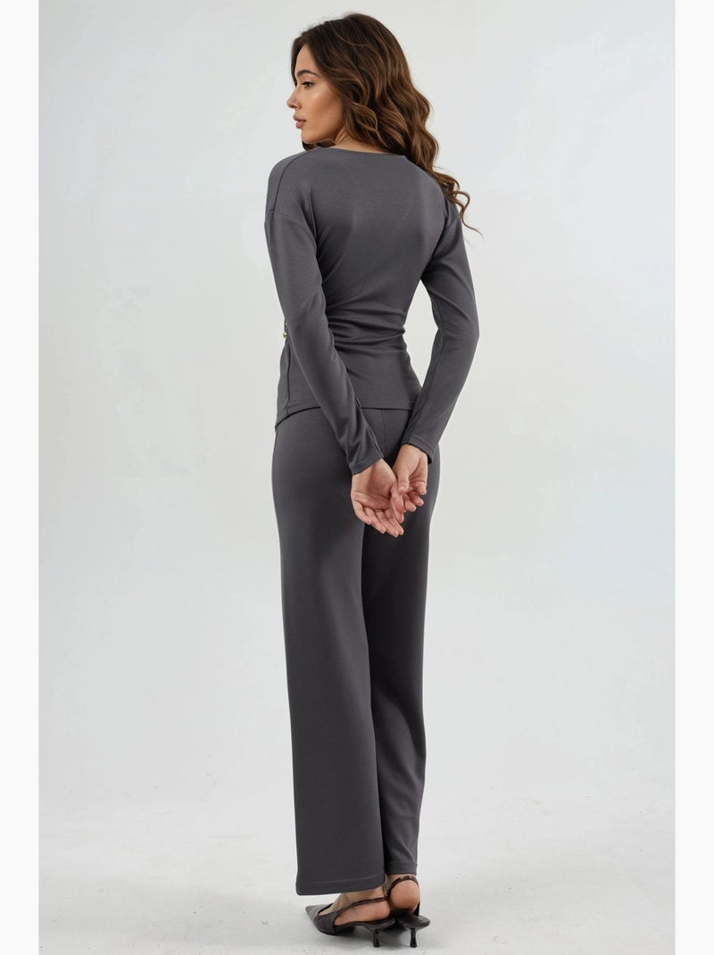 Ensemble deux pièces taille haute jambes larges avec chemisier croisé hiccup Gris - Kiabi