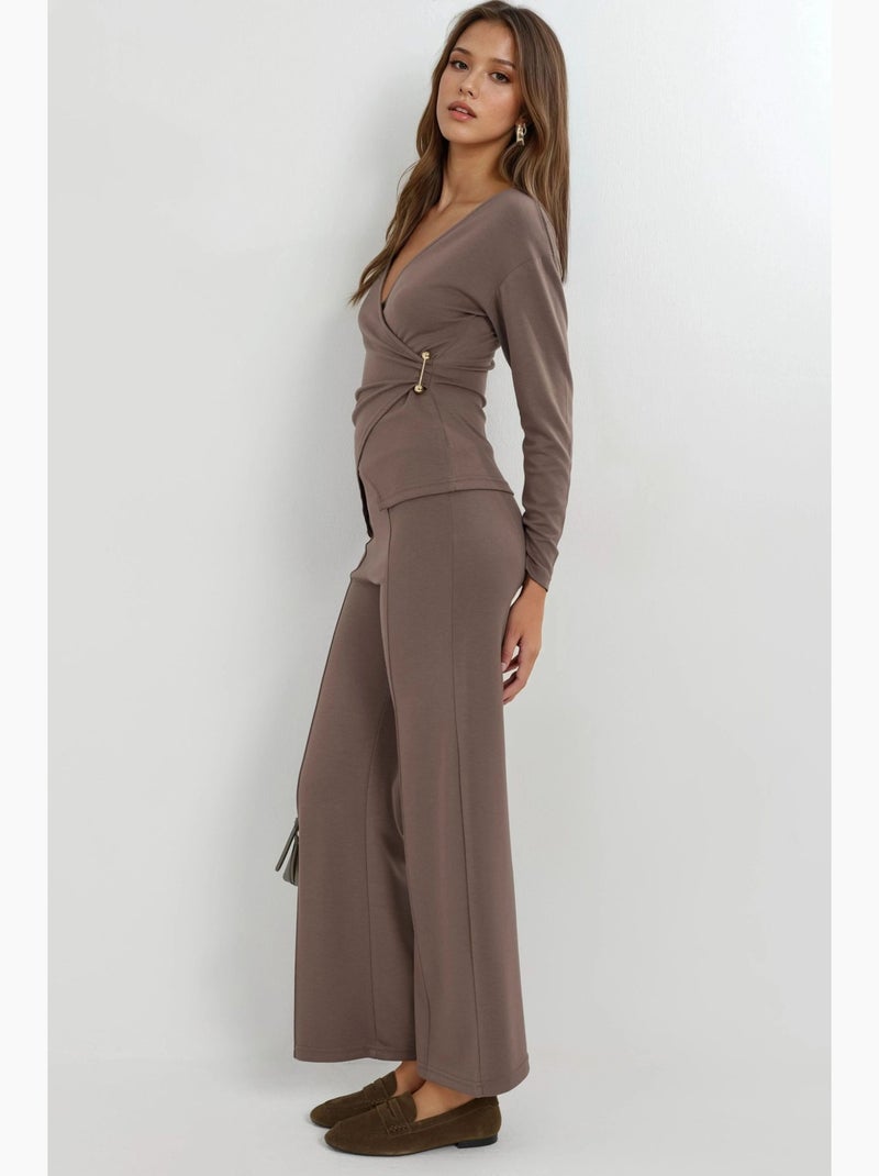 Ensemble deux pièces taille haute jambes larges avec chemisier croisé hiccup Marron clair - Kiabi