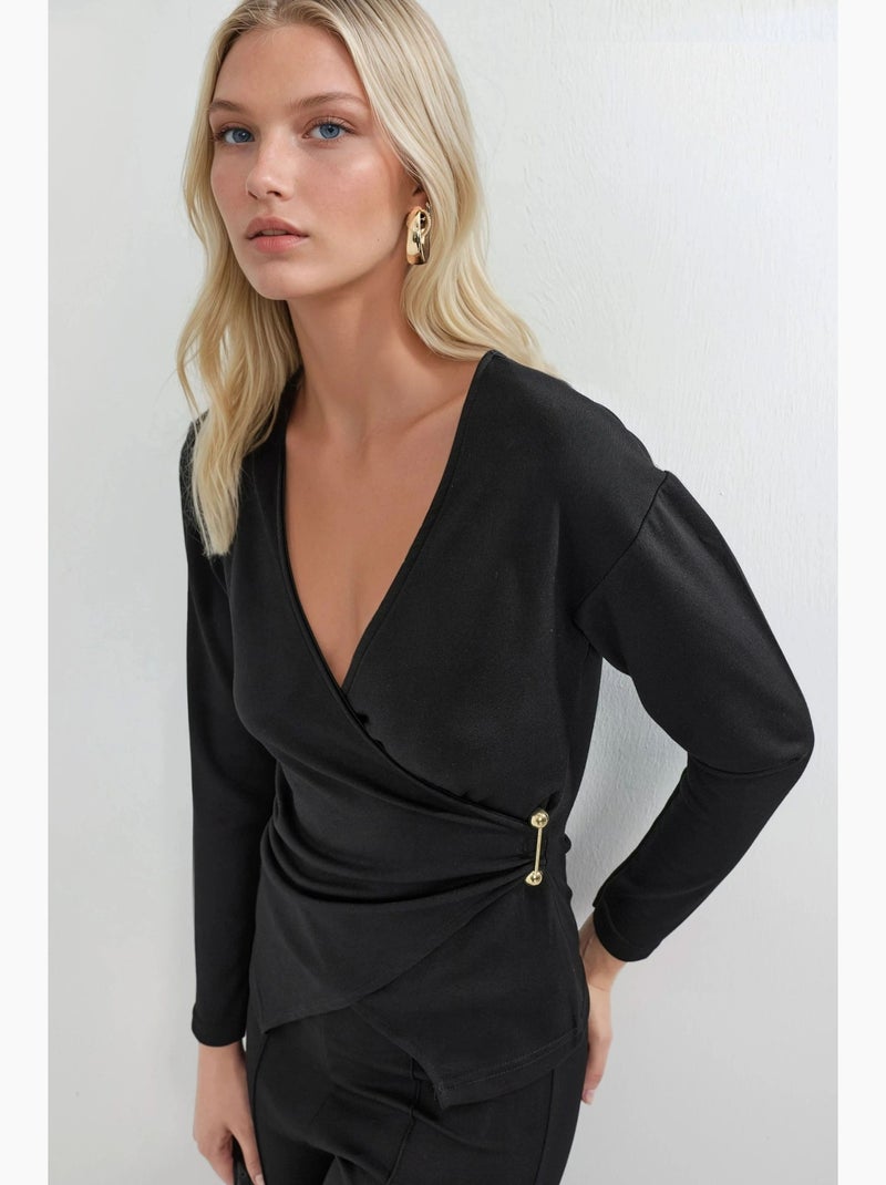 Ensemble deux pièces taille haute jambes larges avec chemisier croisé hiccup Noir - Kiabi