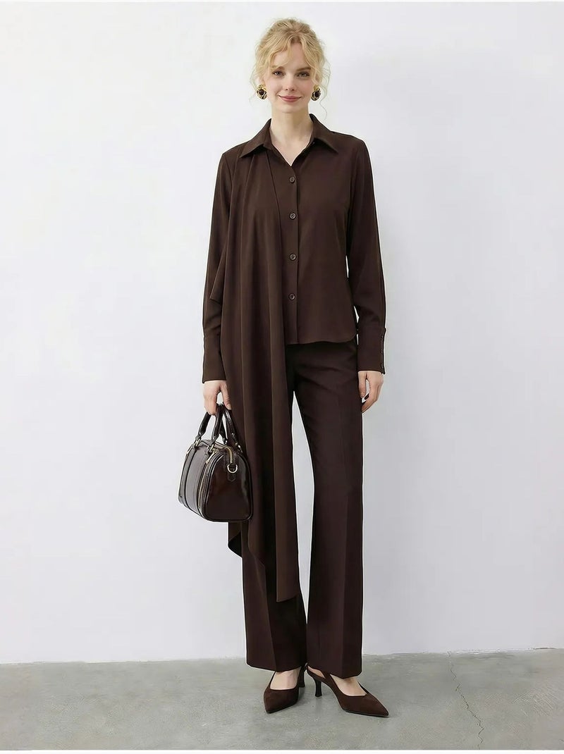Ensemble deux pièces taille haute jambes larges avec col chemise lucci Marron foncé - Kiabi