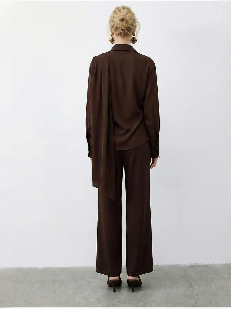 Ensemble deux pièces taille haute jambes larges avec col chemise lucci Marron foncé - Kiabi