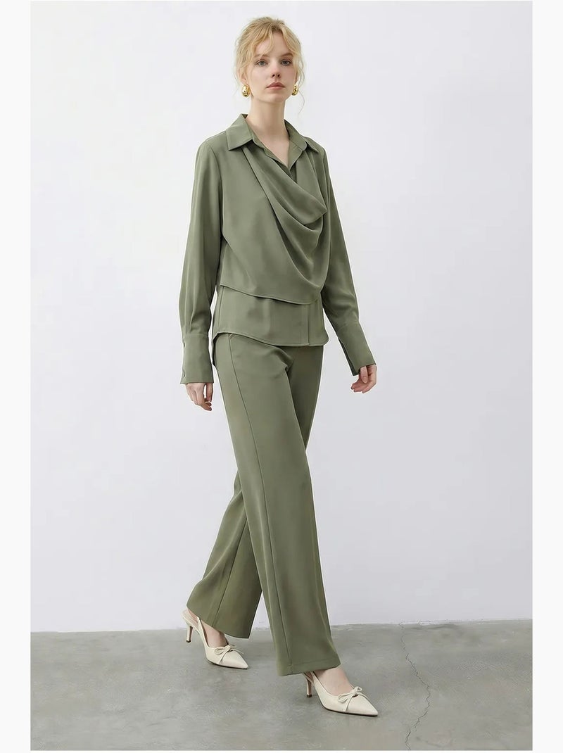 Ensemble deux pièces taille haute jambes larges avec col chemise lucci Vert kaki - Kiabi