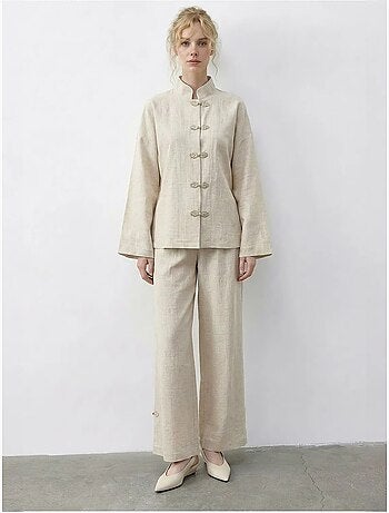 Ensemble deux pièces taille haute jambes larges avec col mandarin lucci