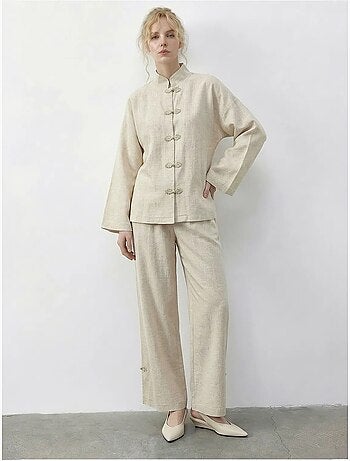 Ensemble deux pièces taille haute jambes larges avec col mandarin lucci