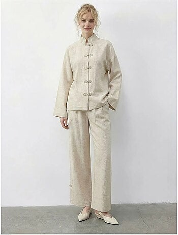 Ensemble deux pièces taille haute jambes larges avec col mandarin lucci