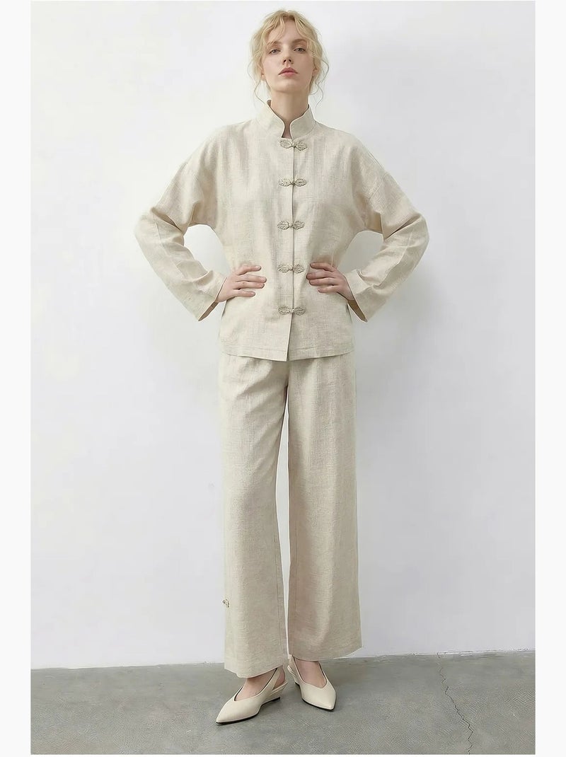 Ensemble deux pièces taille haute jambes larges avec col mandarin lucci Crème - Kiabi