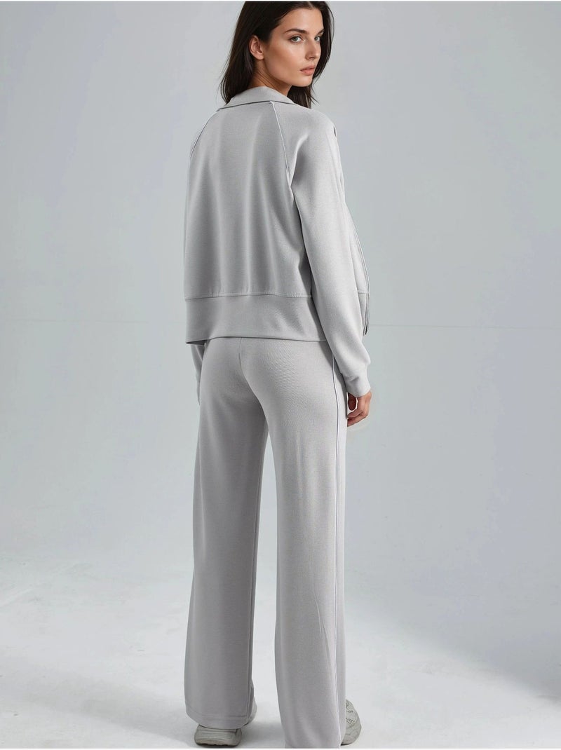 Ensemble deux pièces taille haute jambes larges avec col zippé hiccup Gris clair - Kiabi