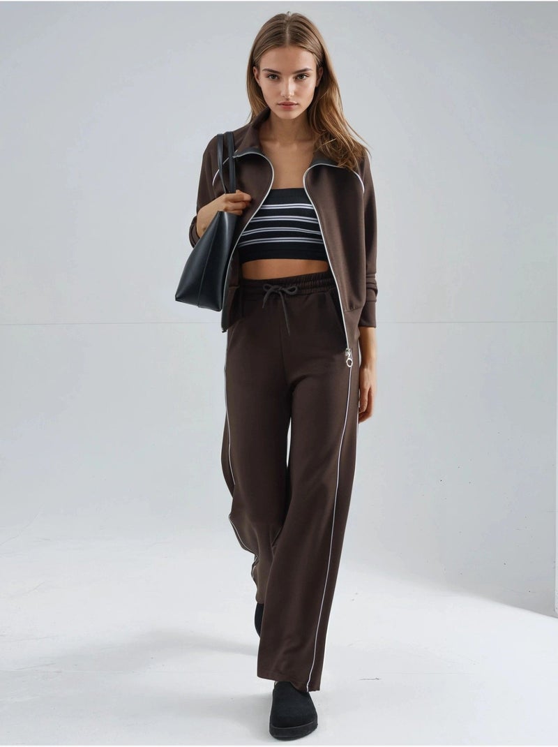 Ensemble deux pièces taille haute jambes larges avec col zippé hiccup Marron chocolat - Kiabi