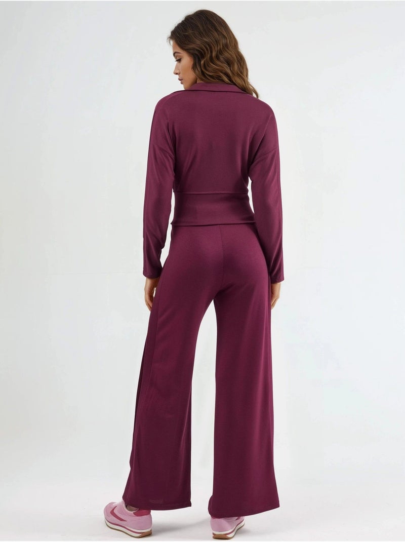 Ensemble deux pièces taille haute jambes larges avec col zippé Rouge cachemire - Kiabi