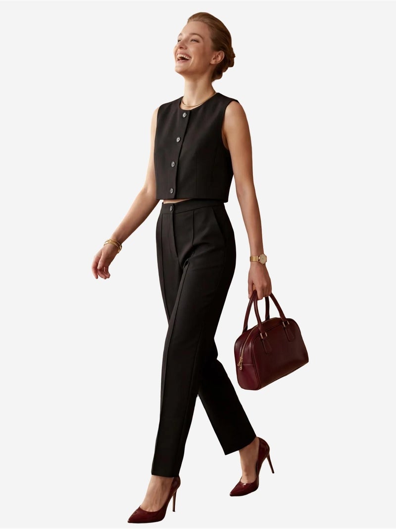 Ensemble deux pièces taille haute jambes larges avec détails de boutons my fashion Noir - Kiabi