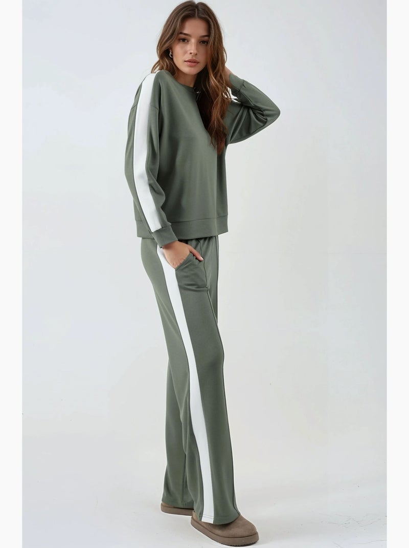 Ensemble deux pièces taille haute jambes larges col rond hiccup Kaki - Kiabi