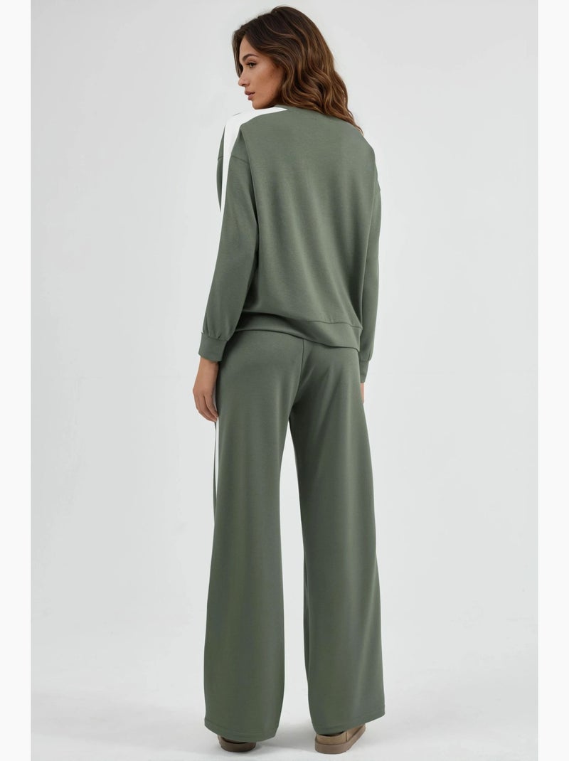 Ensemble deux pièces taille haute jambes larges col rond hiccup Kaki - Kiabi