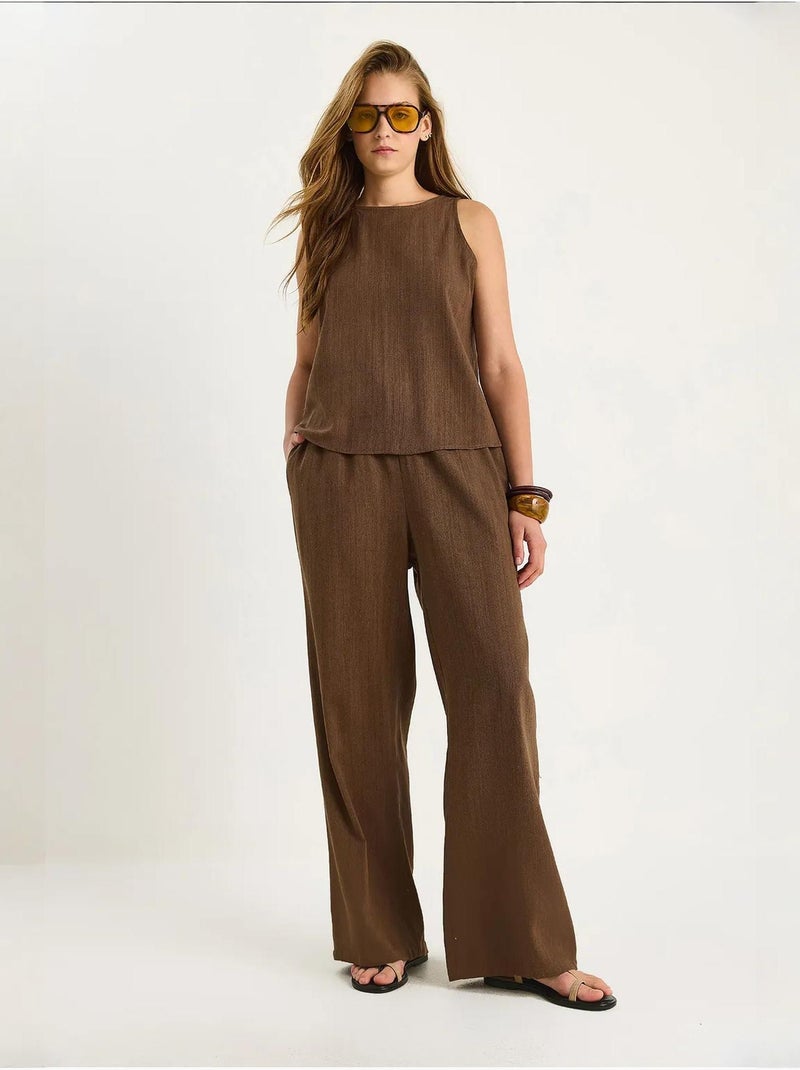 Ensemble deux pièces taille haute sans manches en lin mélangé lucci Marron chocolat - Kiabi