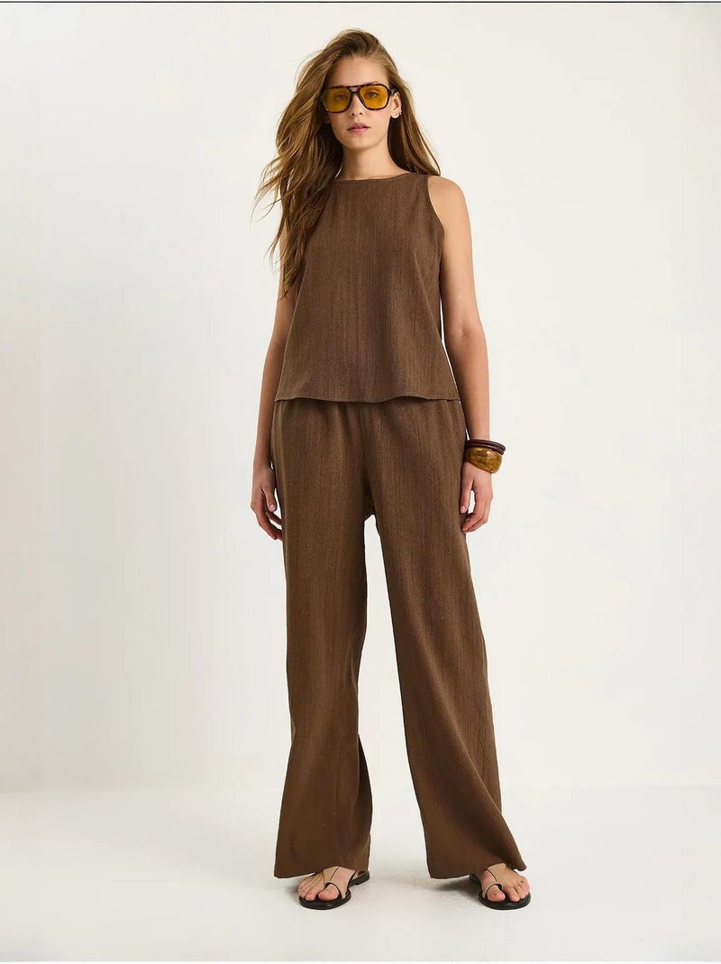 Ensemble deux pièces taille haute sans manches en lin mélangé lucci Marron chocolat - Kiabi