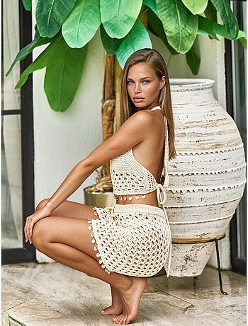 Ensemble deux pièces texturé à col halter et jambes larges