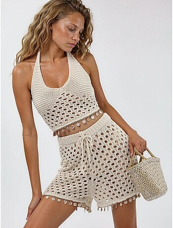 Ensemble deux pièces texturé à col halter et jambes larges