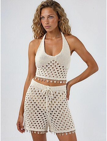 Ensemble deux pièces texturé à col halter et jambes larges