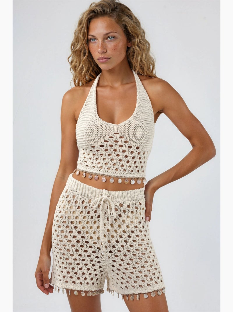 Ensemble deux pièces texturé à col halter et jambes larges hiccup Beige naturel - Kiabi